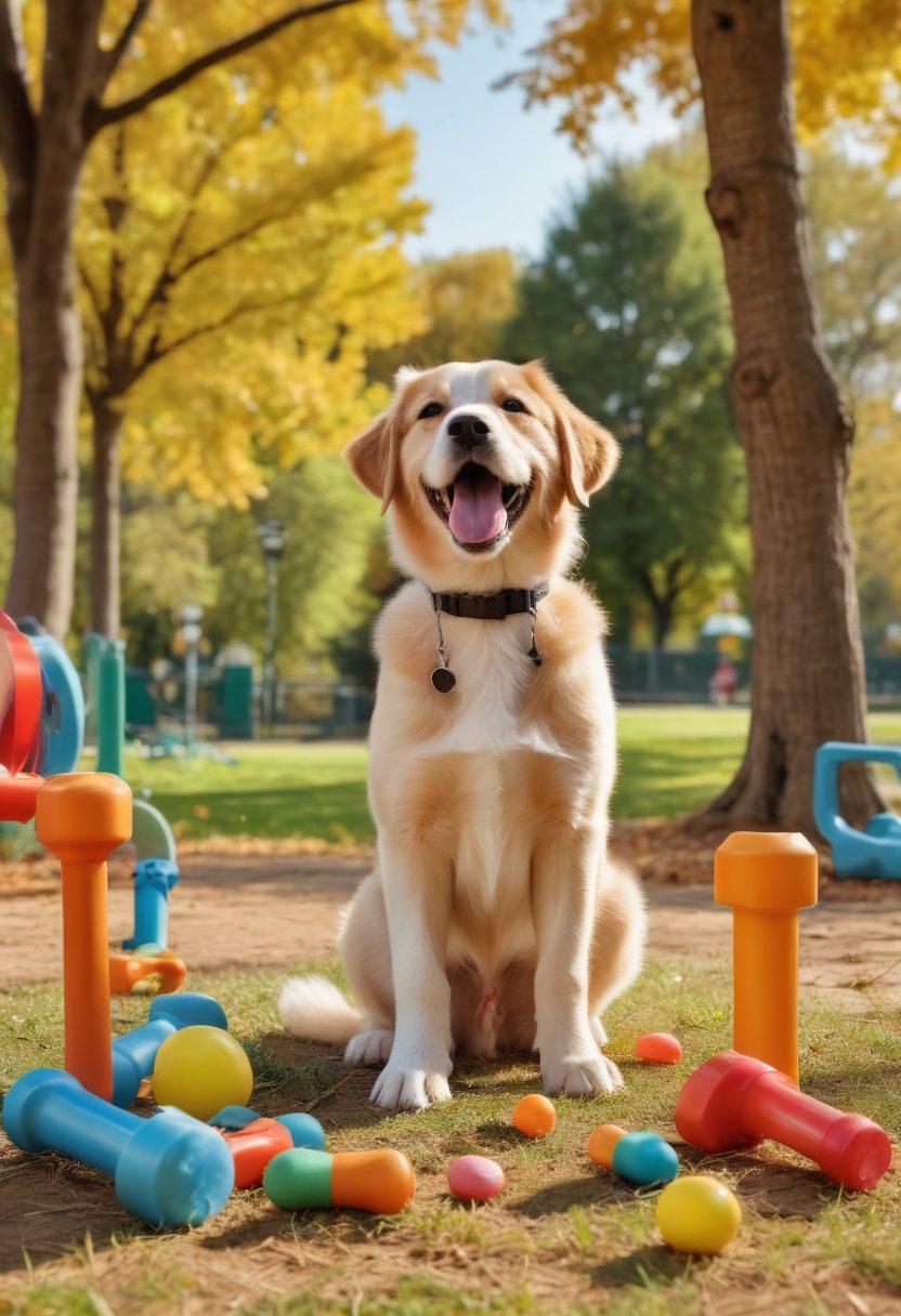 A joyful puppy engaging in training exercises with an enthusiastic trainer surrounded by various training tools and treats. In the background, a serene park setting with trees and playful dogs showcases the bond between humans and their pets. Bright, inviting colors convey a sense of warmth and positivity. super-realistic. vibrant colors.