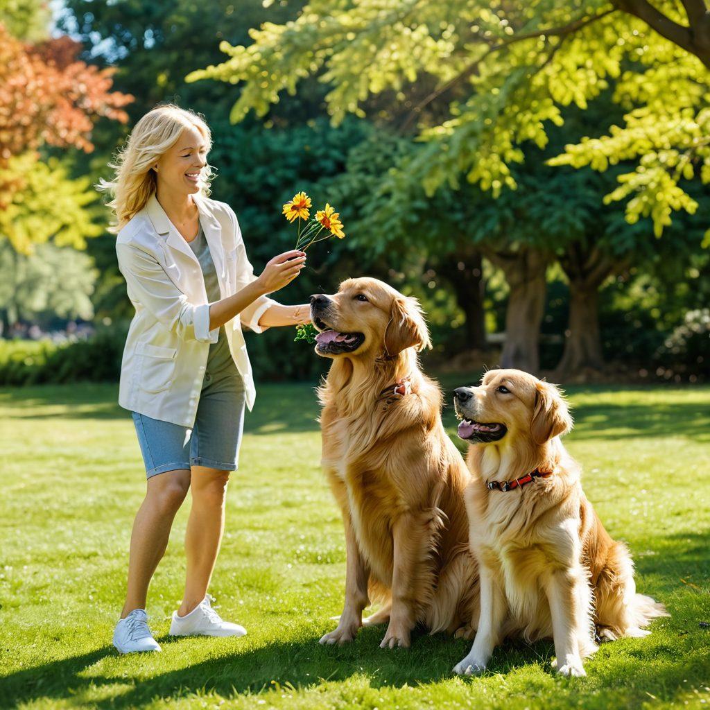A playful golden retriever engaging in training with a focused dog owner in a sunlit park. The scene captures the bond between them with a backdrop of green trees and colorful flowers, showcasing training tools like a clicker and treats. The owner's joyful expression and the dog's eager demeanor emphasize the essence of mastering dog training. vibrant colors. super-realistic.