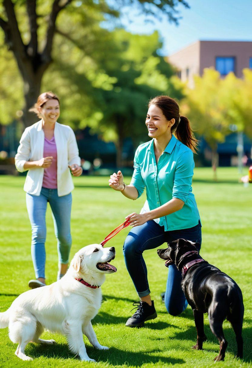 A joyful pet parent engaging in a fun training session with a playful dog in a park, showcasing various training techniques with colorful agility equipment, bright green grass, and a warm sunny sky. In the background, a group of smiling pet owners exchange tips while their dogs interact happily. super-realistic. vibrant colors. warm and inviting atmosphere.